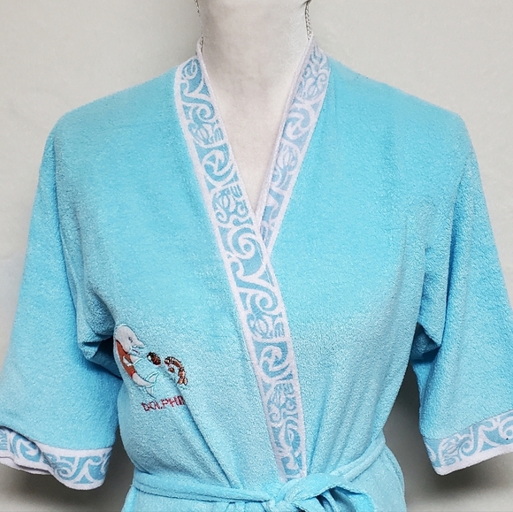 Rare Vintage 60s Dolphins Sky Blue Terrycloth Hawaiian Tie-Waist Mini Robe L - Picture 3 of 14